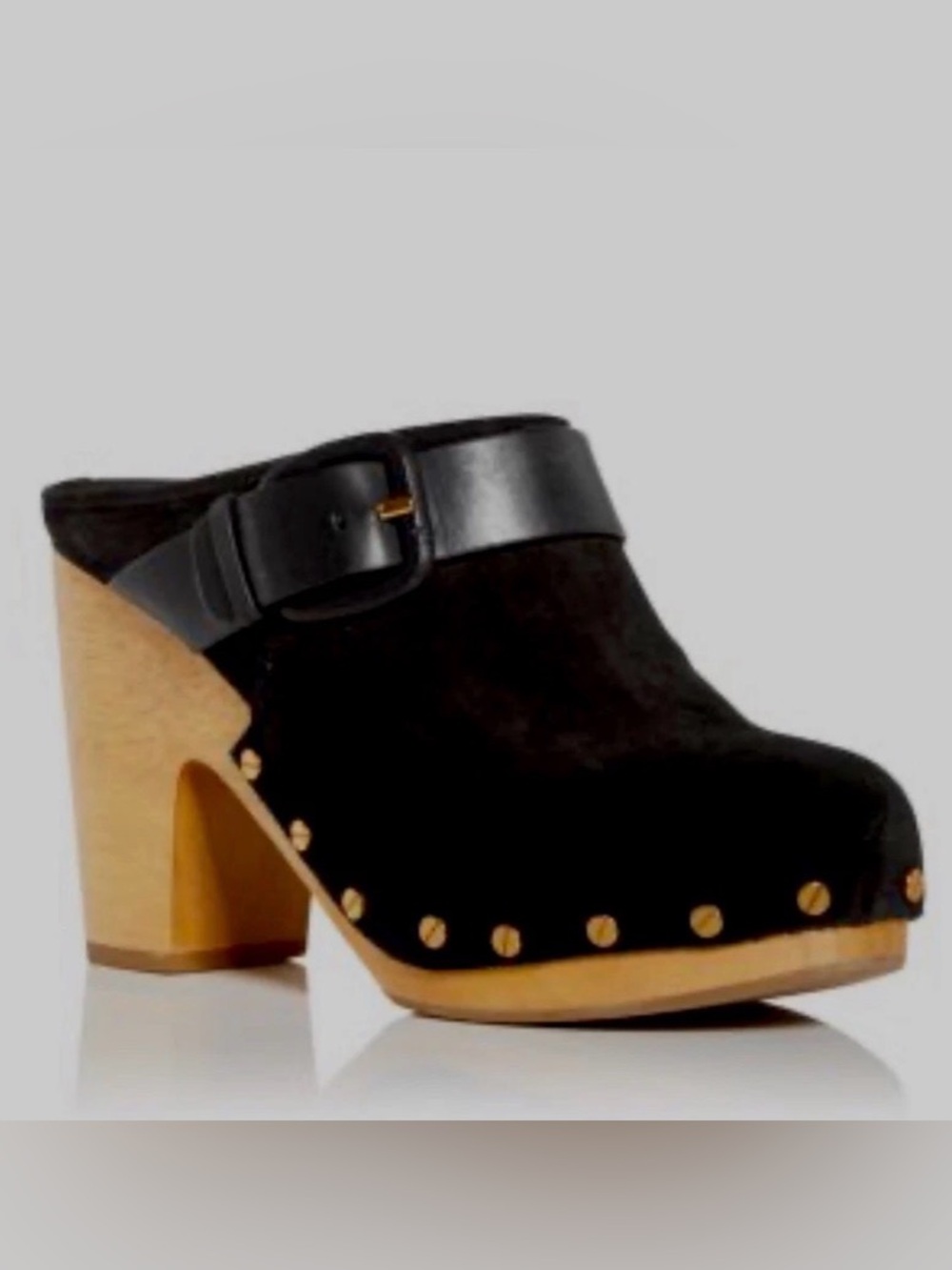 Veronica Beard Dacey Clog Black Suede Gold Studded Wooden Platform Size 7.5